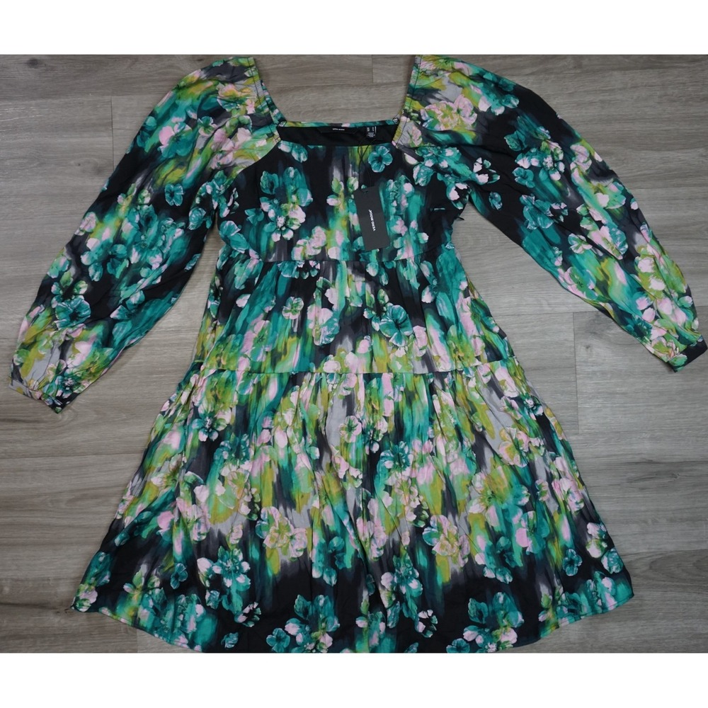 New Vero Moda Nora Long Sleeve Black Blue Green Floral Square Mini Dress Size S